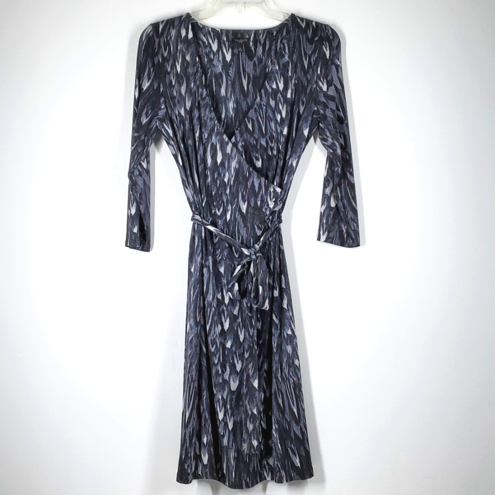 Talbott Petite Faux Wrap Gray White Abstract Midi Dress SP NWOT